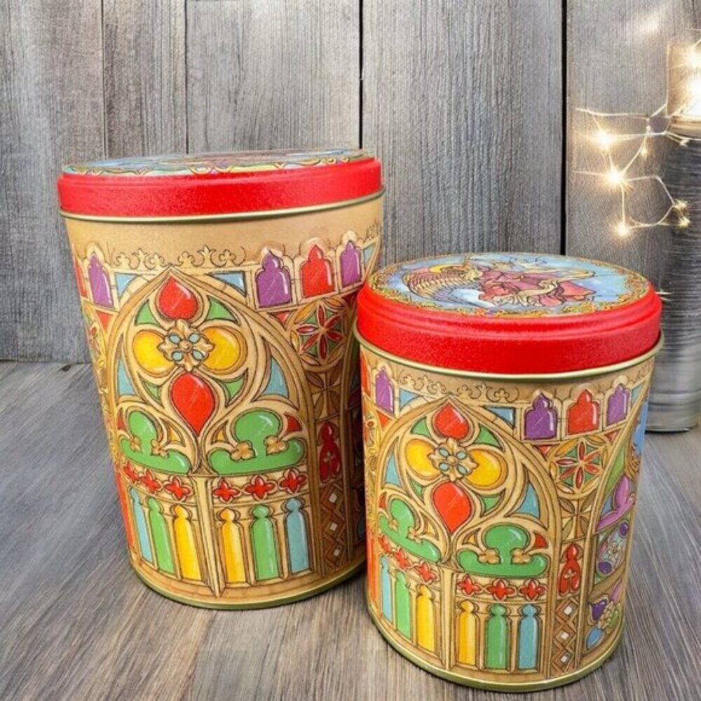 CAFFCO Tin Canister Container Storage Church Angel Dove Pattern Stacking‎ Set 2
